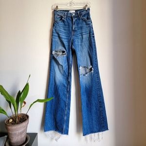 Zara Distressed Wide Leg High Rise Jeans Blue